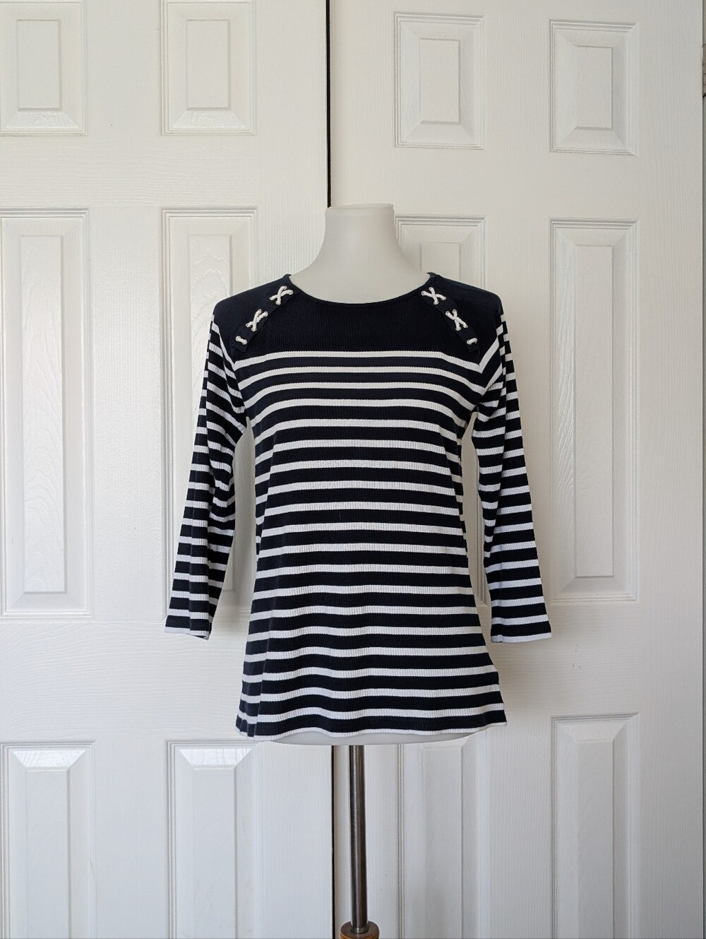 Ralph Lauren Navy and White Striped Boatneck Top with Shoulder Rope Detail